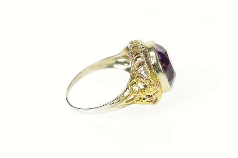 10K Yellow Gold Syn. Amethyst Ornate Art Deco Filigree Ring