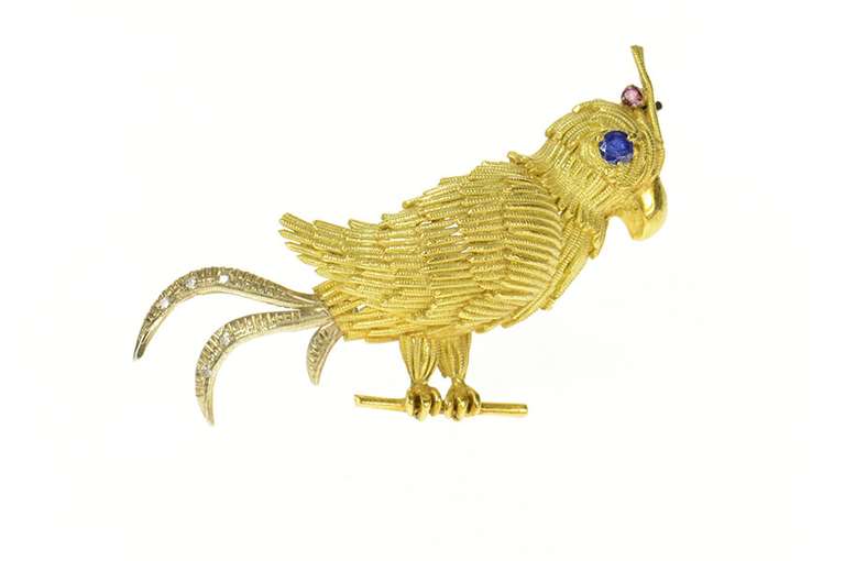 18K Yellow Gold Ornate 1960's Sapphire Stylized Bird Parrot Pin/Brooch