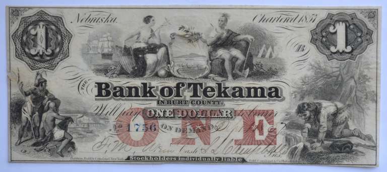 $1 Nebraska Territory Bank Of Tekama Note Note