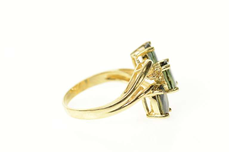 14K Yellow Gold Ornate Three Sapphire Oval Diamond Bypass Ring