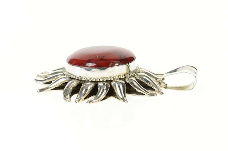 Sterling Silver Red & Black Marbled Stone Ornate Sun Pendant