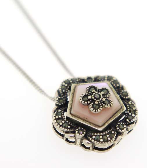 Italian Sterling Silver Marcasite Flower Pendant Necklace