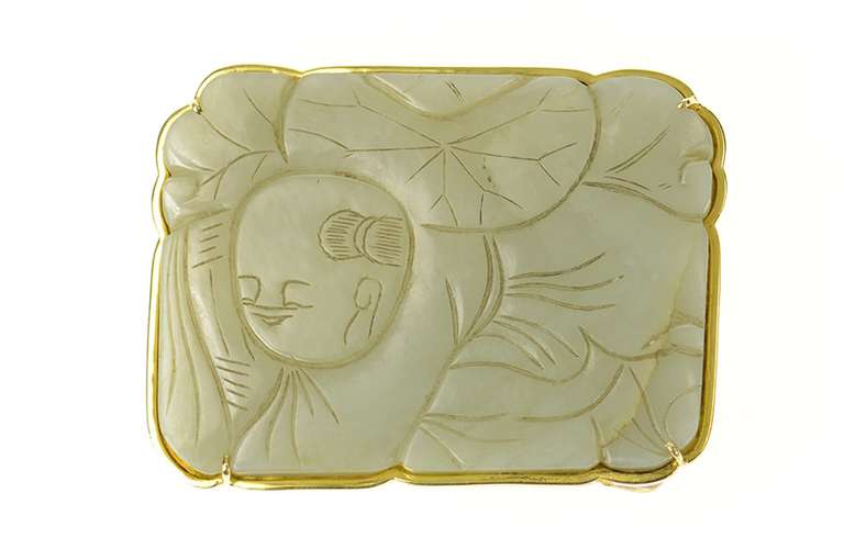 14K Yellow Gold Ornate Carved Chinese Jade Belt Bucklet