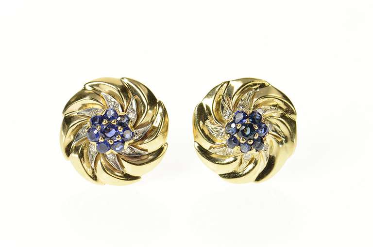 14K Yellow Gold 1950's Ornate Sapphire Cluster Diamond Swirl Earrings