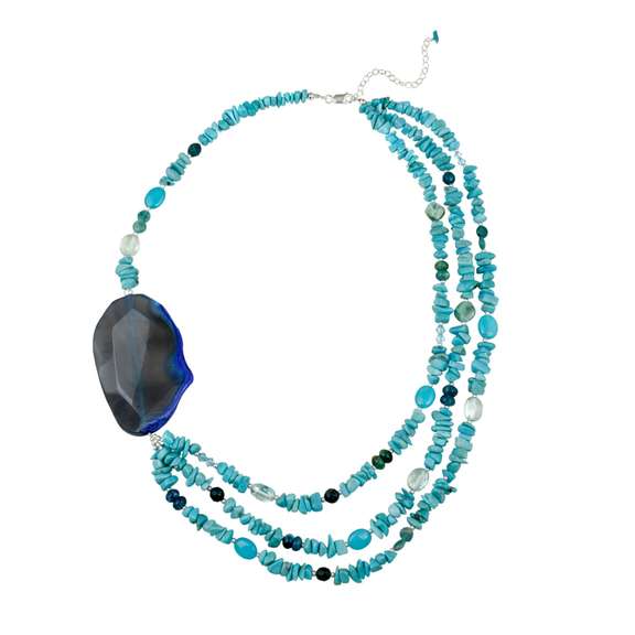 Sterling Silver Blue Agate, Turquoise, Apatite, Multi Strand Fashion Necklace