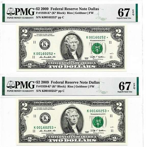 (2) Gem Crisp Consecutive 2009 Dallas $2 Star Replacement Notes PMG 67 Superb Gem Uncirculated!
