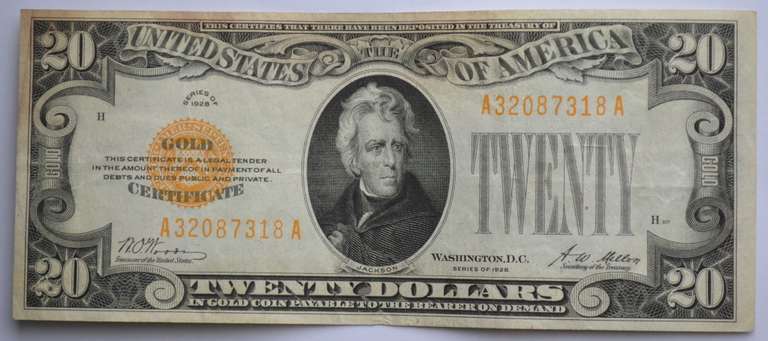First and Only Small Size Near Unc 1928 $ 20 Gold Certificate