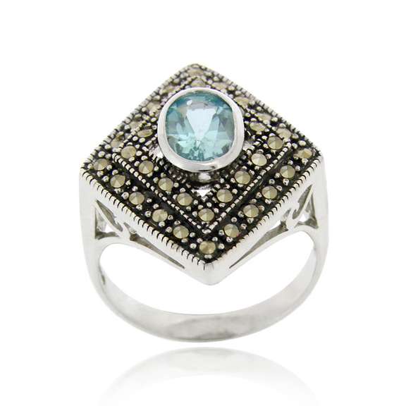Sterling Silver Blue Topaz & Marcasite Diamond Shape Ring