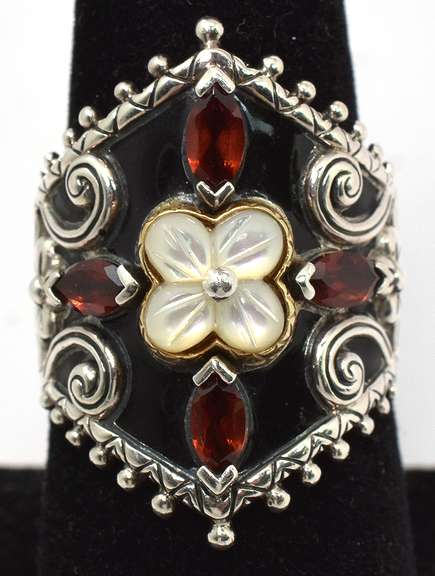 Ornate Garnet & Mother-Of-Pearl Ring in Sterling Silver