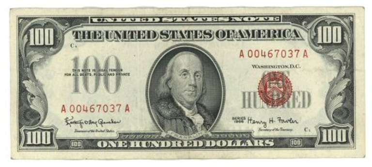 Scarce 1966 Series $100 Red Seal Note. Nice XF/AU