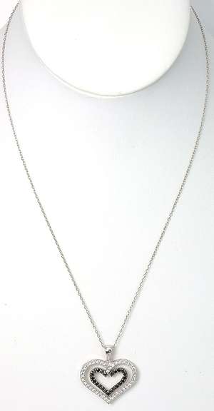 Sterling Silver White & Black Stone Heart Necklace
