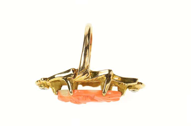 14K Yellow Gold Ornate Art Nouveau Coral Cameo Diamond Ring