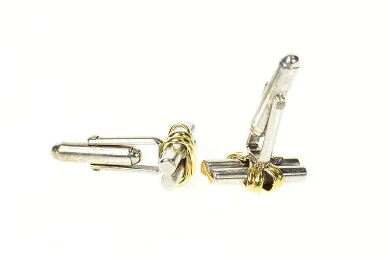 18K White Gold Two Tone Criss Cross Bar 1960's Retro Cuff Links