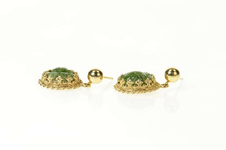 14K Yellow Gold Ornate Retro Carved Rose Nephrite Dangle Earrings