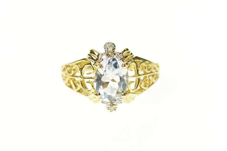 14K Yellow Gold Oval Blue Topaz Diamond Cluster Filigree Ring