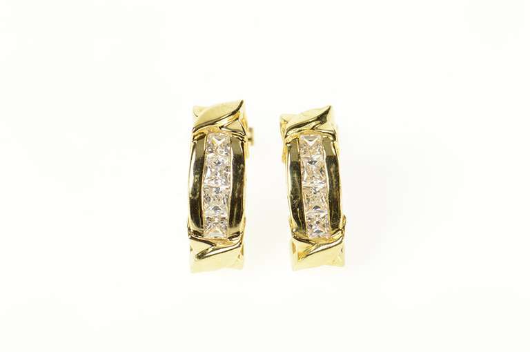 14K Yellow Gold Princess Cubic Zirconia Channel Semi Hoop Earrings