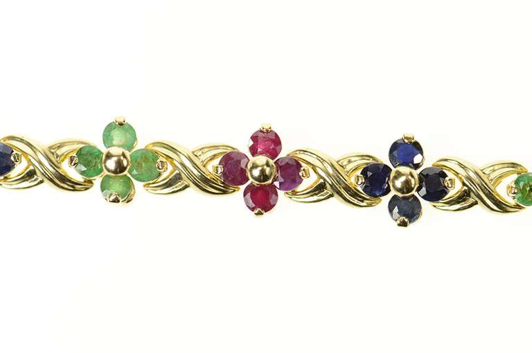 14K Yellow Gold Ruby Emerald Sapphire Flower Cluster Tennis Bracelet