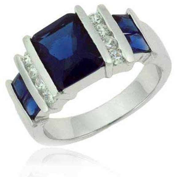 Sterling Silver Rectangular Dark Blue Tanzanite CZ & Clear CZ Silver Ring