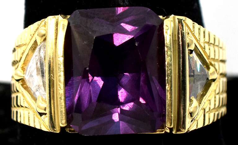 Stately Color-Change Sapphire & CZ Ring in 14KT Yellow Gold