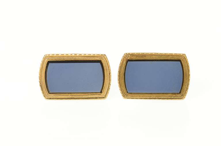 10K Yellow Gold Art Deco Ornate Blue Black Onyx Inset Cuff Links
