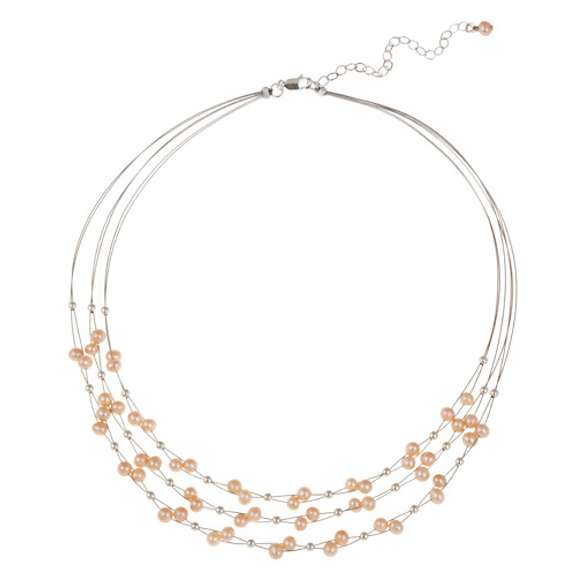 Sterling Silver Freshwater Cultured Pink Pearls & Beads 3-Row Graduating Necklace