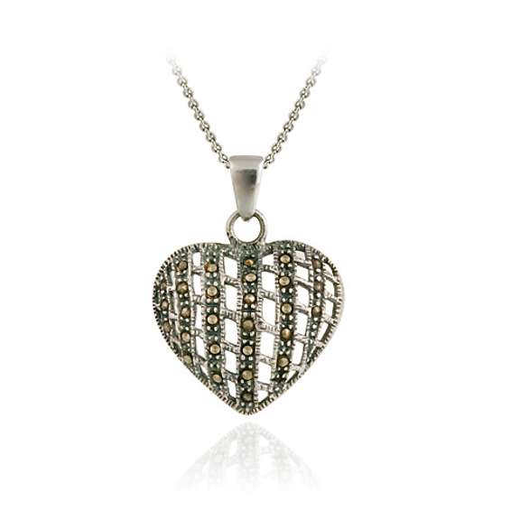 Sterling Silver Marcasite Woven Puffed Heart Pendant