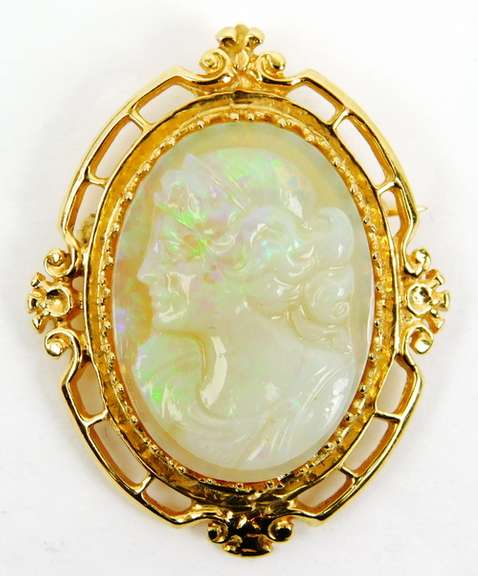Exquisite 14K Carved Opal Cameo Pin/Pendant