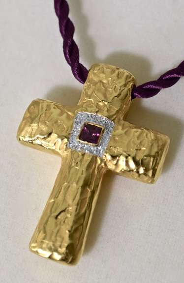 Fabulous Textured 18K Cross with Tourmaline and Diamonds