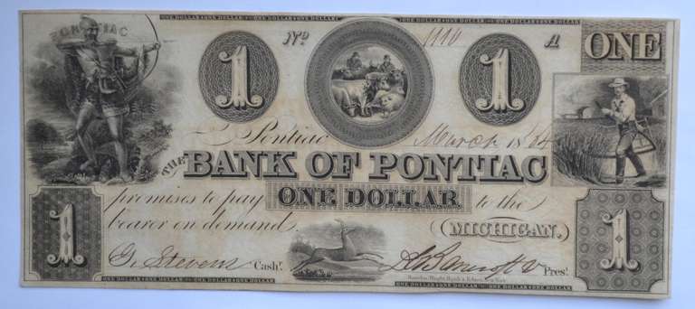 Unc 1864 $1 Bank of Pontiac Michigan Note