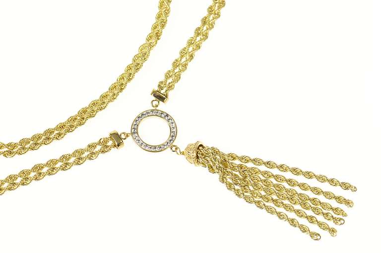 10K Yellow Gold Rope Chain Rhinestone Ring Drop Fringe Necklace