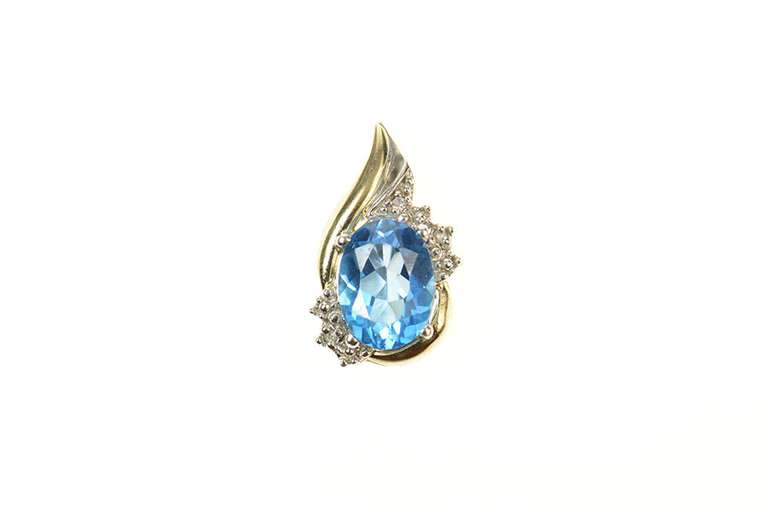 10K Yellow Gold Oval Blue Topaz Diamond Accent Statement Pendant