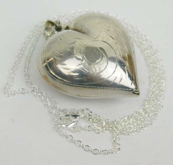 Big Engraved Puffy Heart Pendant & Chain