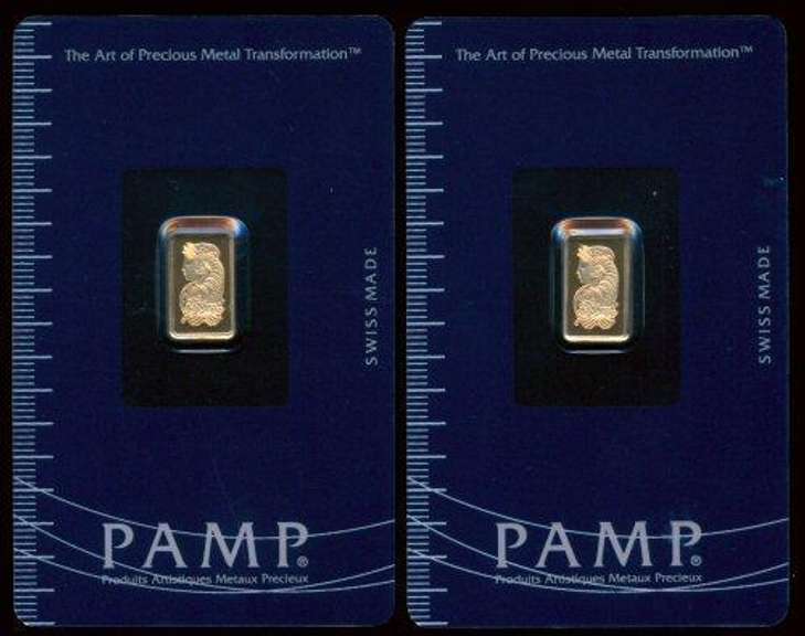 2 Pure .9999 fine gold 1 gram PAMP bars in custom cards