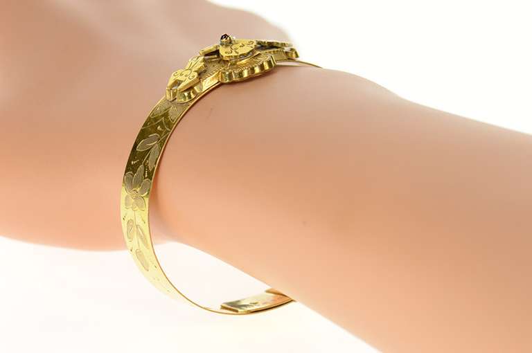 Gold Filled Victorian Syn. Ruby Elaborate Etched Bangle Bracelet