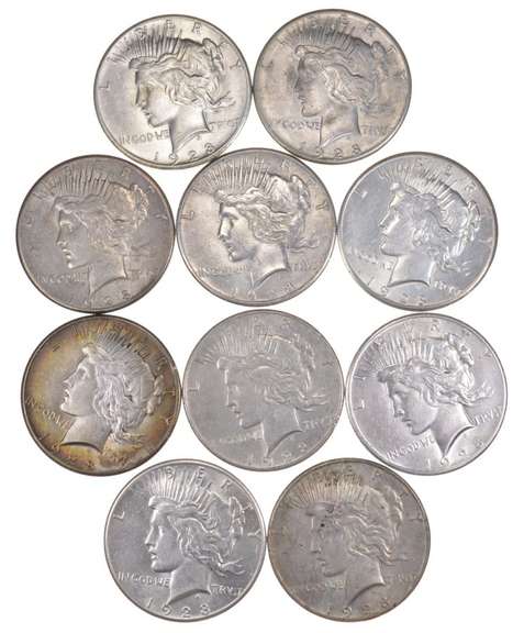 Lot (10) 1928 Peace Silver Dollars - 1/2 Roll WOW!