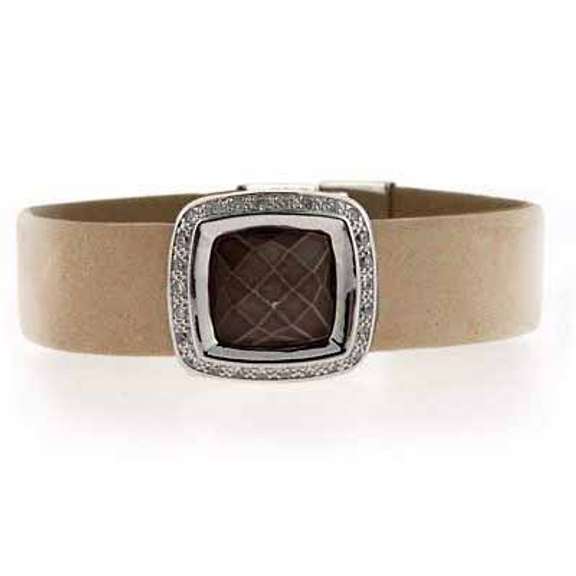Sterling Silver Briolette-Cut Abalone & CZ Beige Leather Bracelet