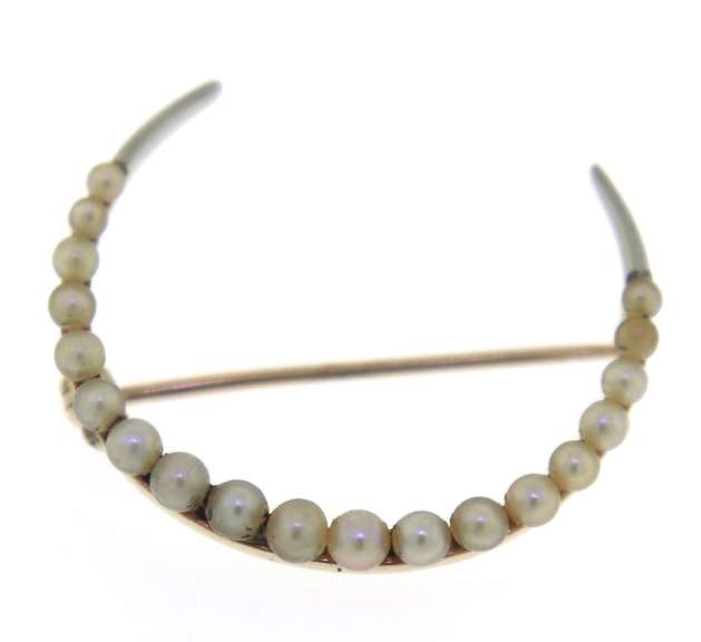 Vintage Seed Pearl Half Moon Yellow Gold Brooch
