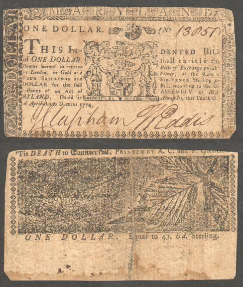 State of MARYLAND Scarce State Colonial Currency ONE DOLLAR FINE