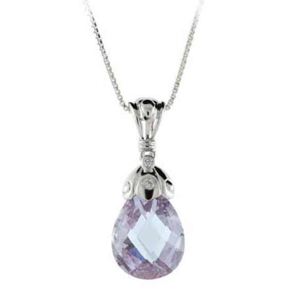 Sterling Silver Simulated Diamond cz and Lavender Teardrop Pendant