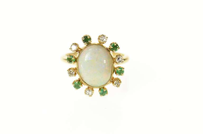 14K Yellow Gold Victorian Natural Opal Diamond Emerald Halo Ring