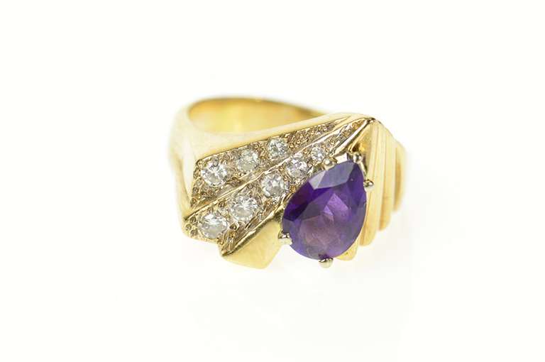 14K Yellow Gold Pear Amethyst Diamond Geometric Men's Ring