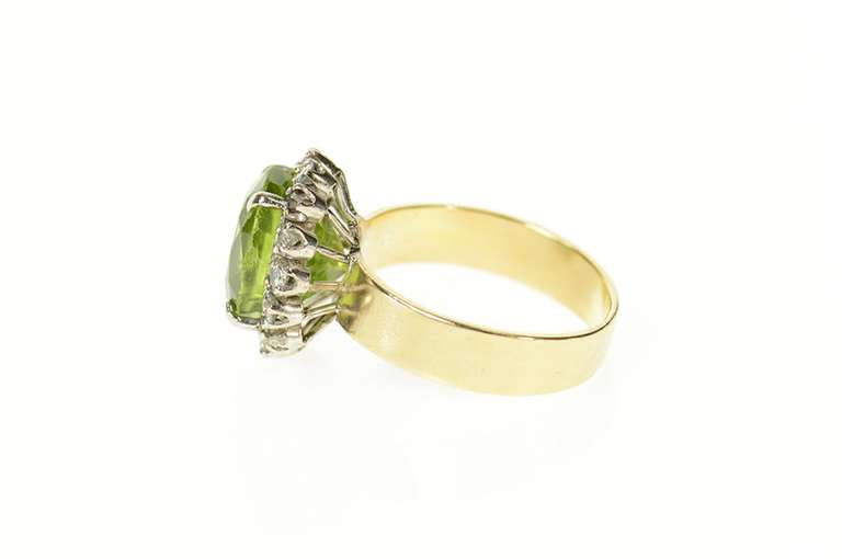 14K Yellow Gold Oval Peridot Diamond Halo Ornate Cocktail Ring