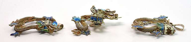 3 Hand-Crafted Dragon Pendants in Sterling Silver & Enamel