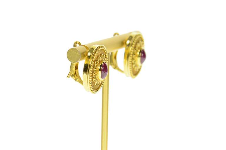 18K Yellow Gold Etruscan Revival Ruby Diamond Statement Earrings