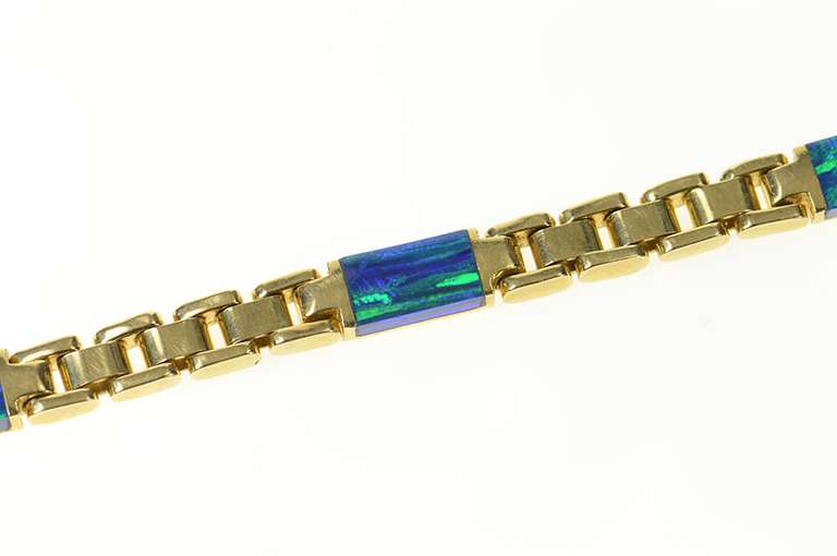 14K Yellow Gold Classic Squared Link Black Opal Inlay Chain Bracelet