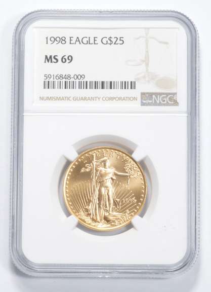 MS69 1998 $25 American Gold Eagle 1/2 Oz .999 Fine Gold - Graded NGC
