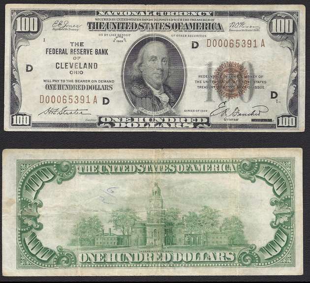 $100 1929 Federal Reserve Bank Note from Cleveland