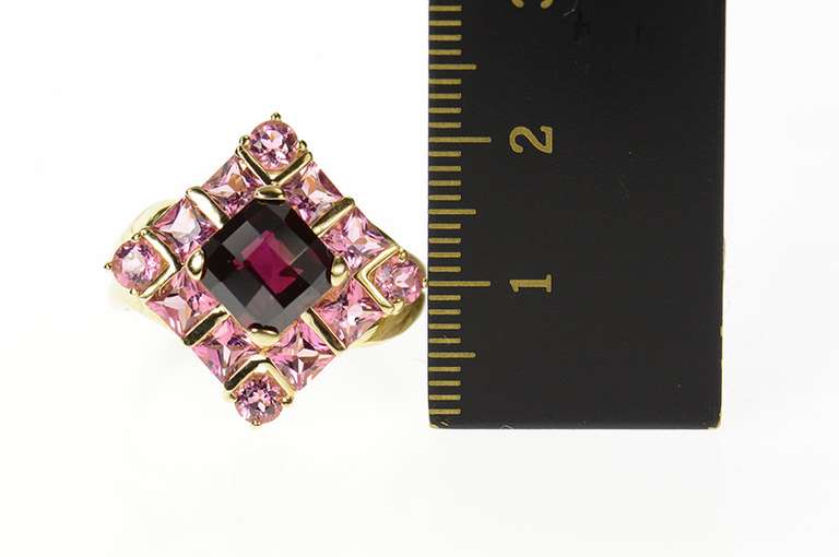 10K Yellow Gold Faceted Cushion Garnet Pink Topaz Halo Ring