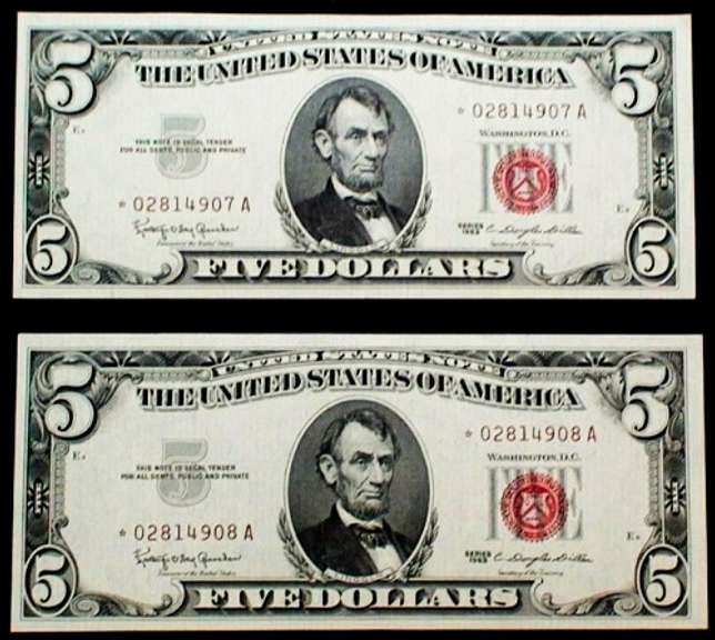 (2) Outstanding Gem Crisp 1963 $5 Red Seal Star Replacement Notes-And Consecutive!!!