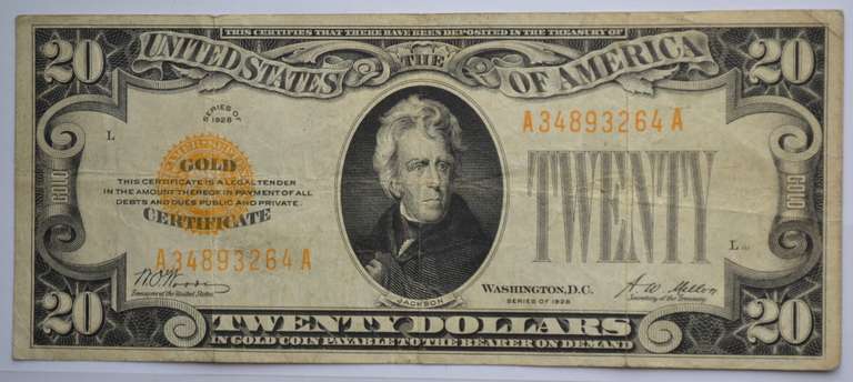 First and Only Small Size 1928 $ 20 Gold Certificate